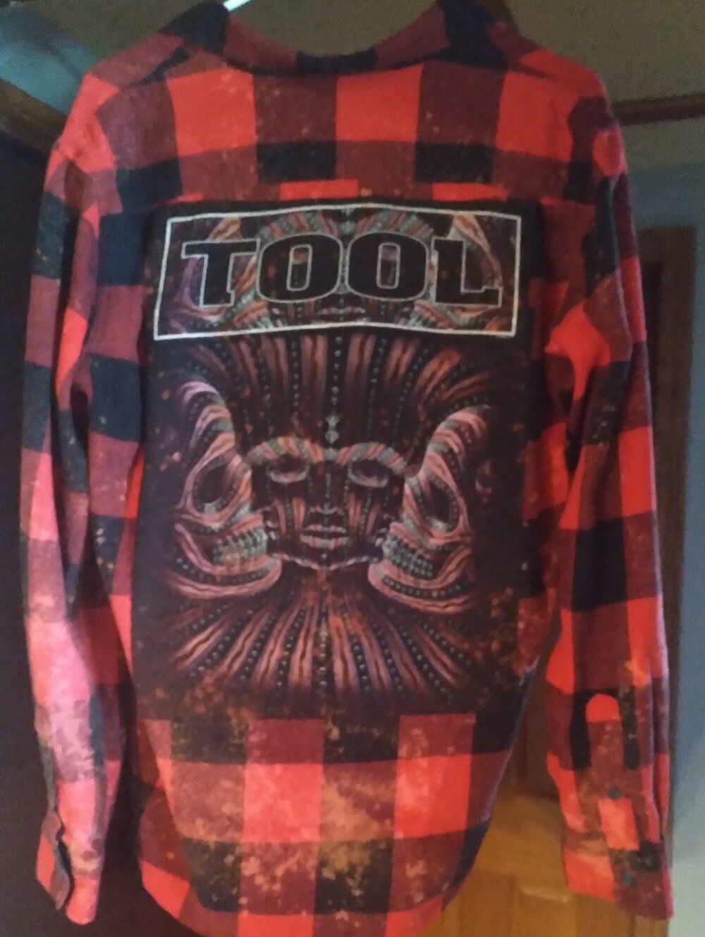 Upcycled Bleached Flannel Shirt W/ Custom TOOL rock Band Back Patch